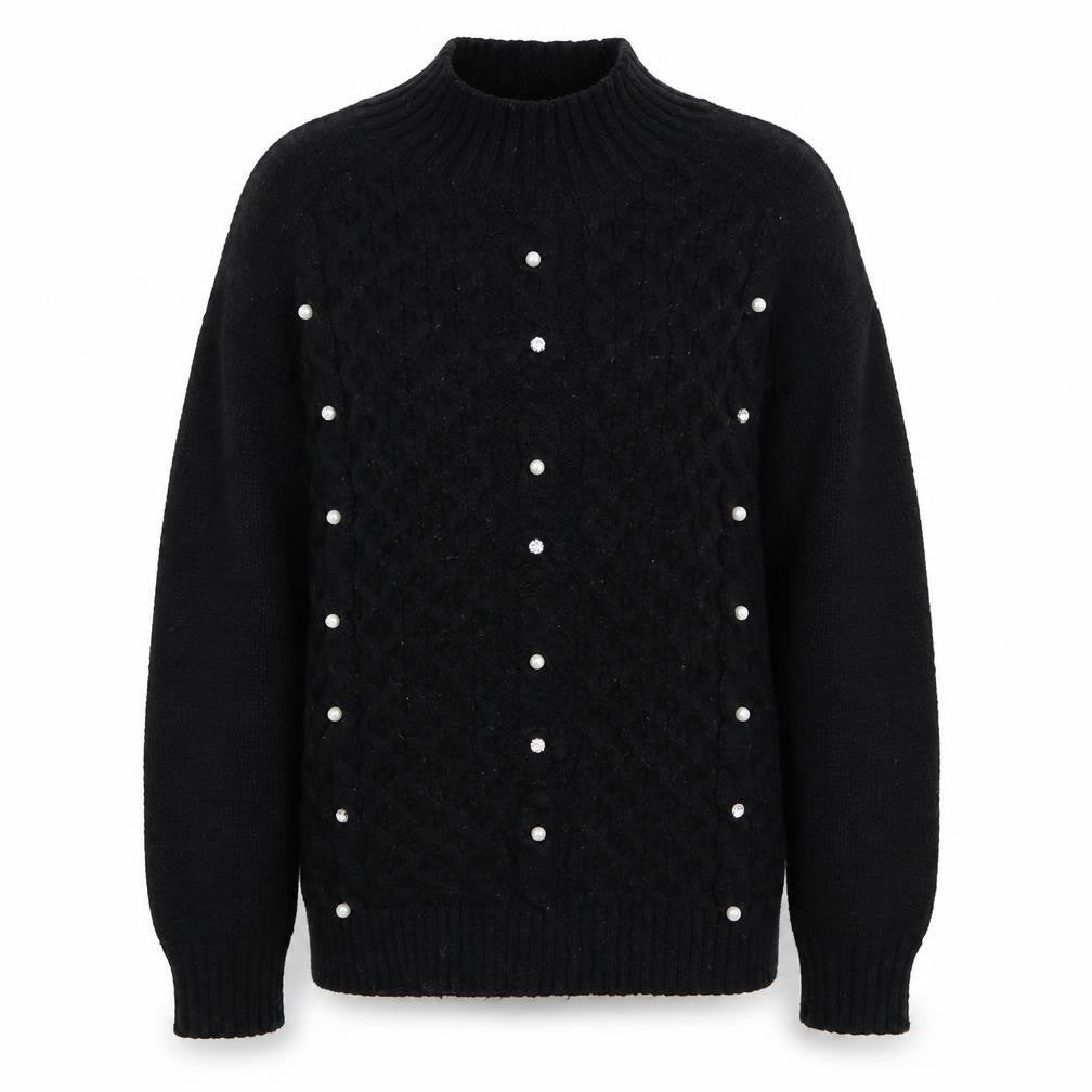 Lipsy Teens Black Mock Neck Pearl Beaded Cable Knit Jumper 11-12 YRS