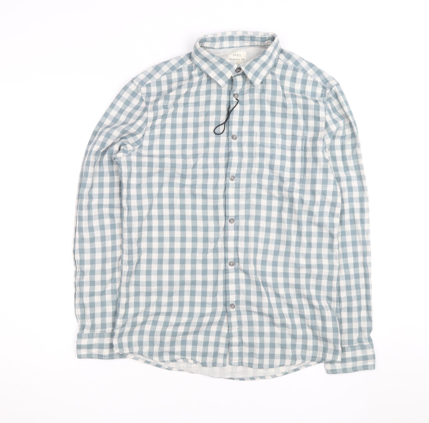 Marks and Spencer Men's Blue Check Regular Fit Long Sleeve Cotton Shirt Size S