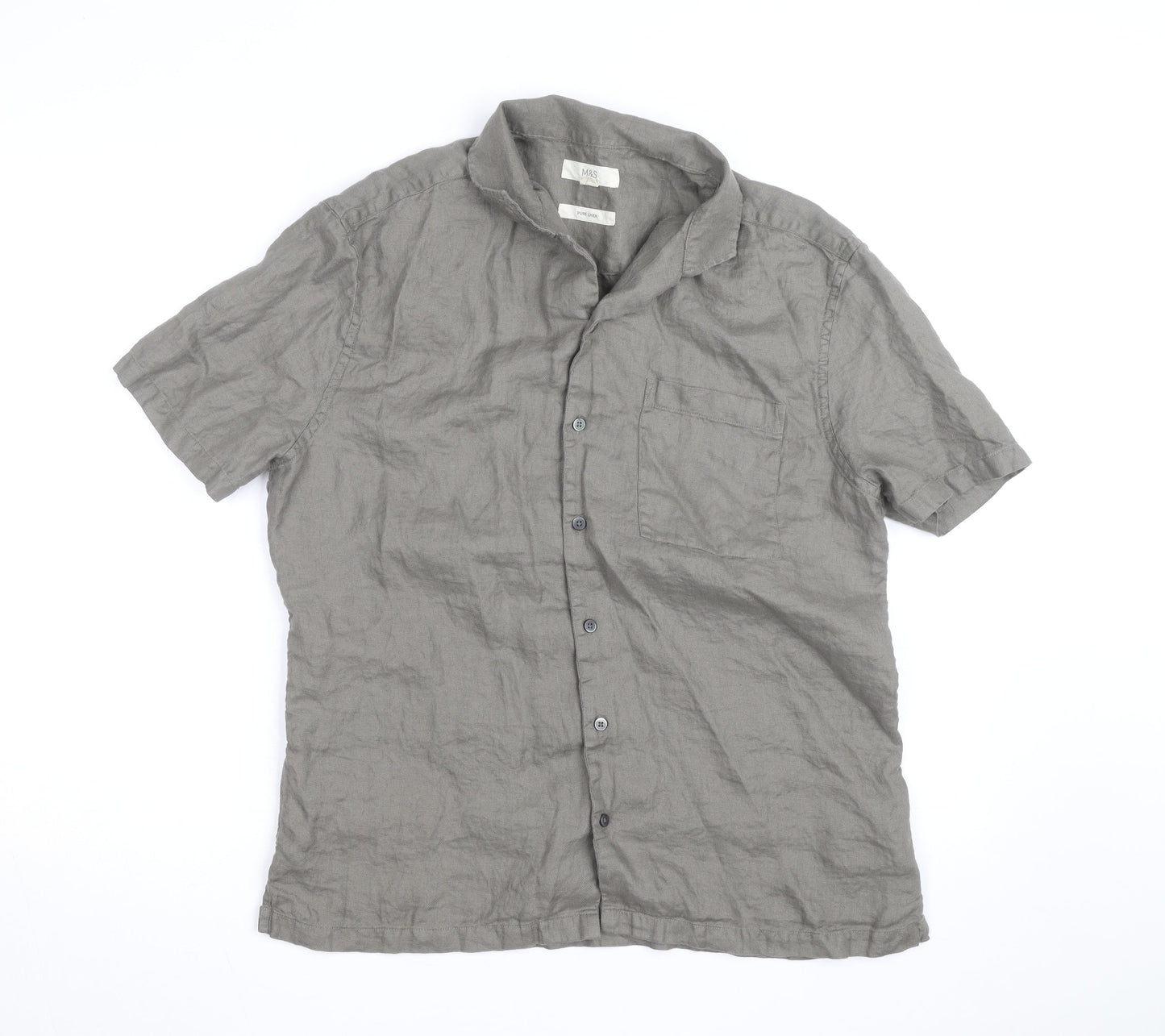 Marks and Spencer Men's Grey Pure Linen Short Sleeve Button-Up Shirt M