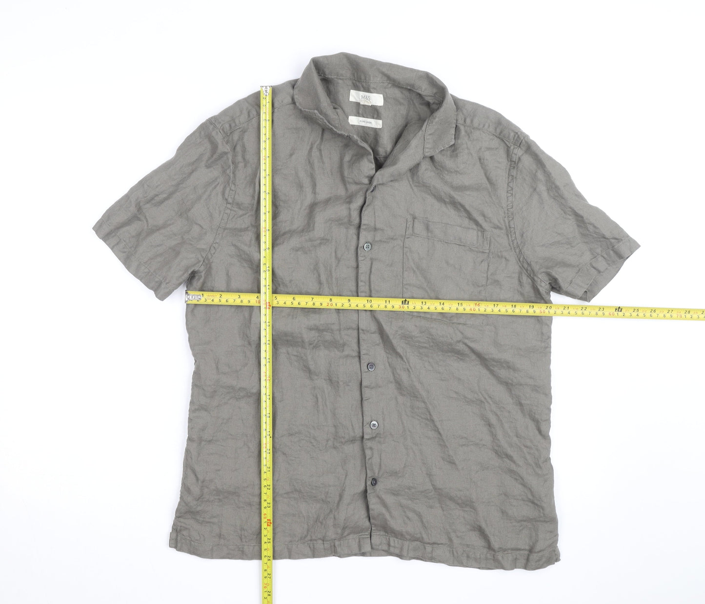 Marks and Spencer Men's Grey Pure Linen Short Sleeve Button-Up Shirt M