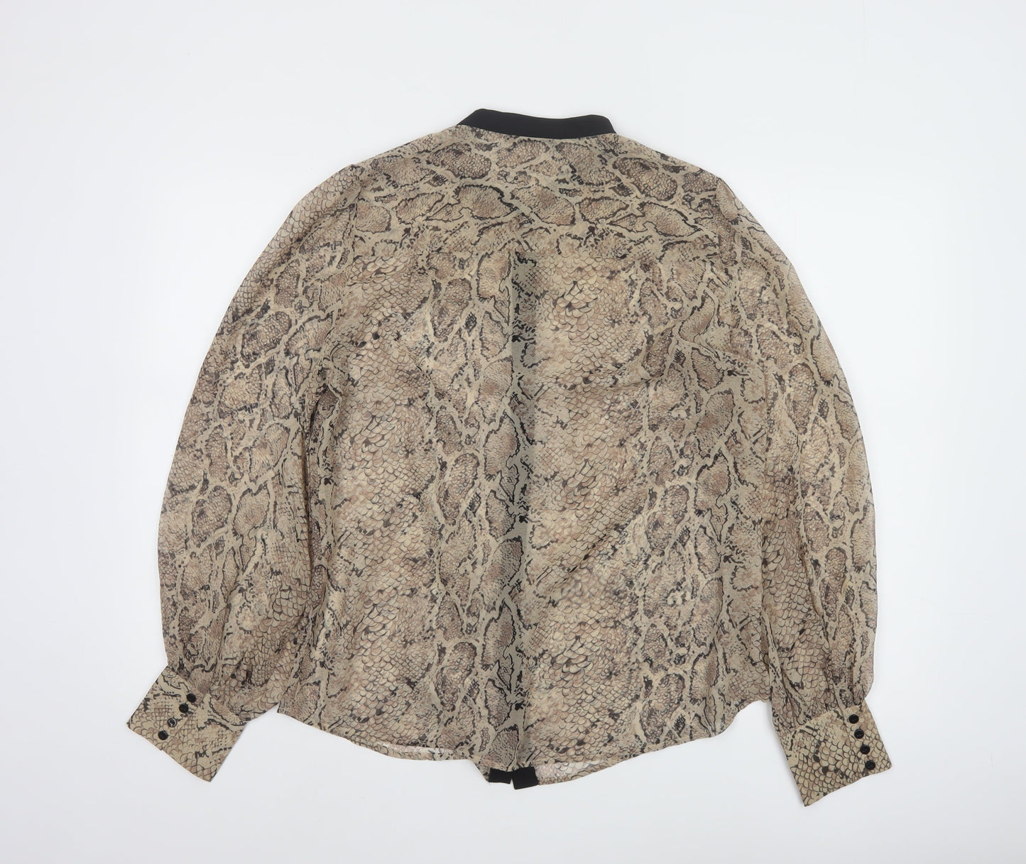 Oasis Women Beige Animal Print Long Sleeve Chiffon Blouse Size 14