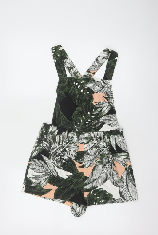 Topshop Women's Green Leaf Print Playsuit UK 8 Cotton Blend Summer Outfit
