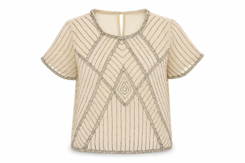 New Look Women's Beige Beaded Short Sleeve Chiffon Blouse Size 8