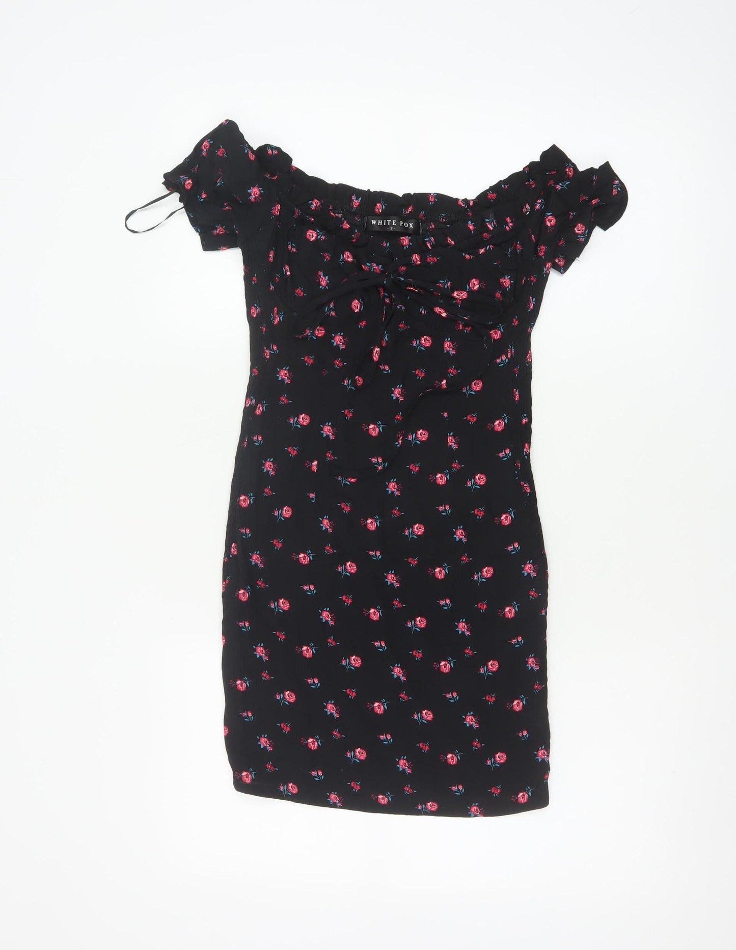 White Fox Women's Black Floral Off Shoulder Bodycon Dress S
