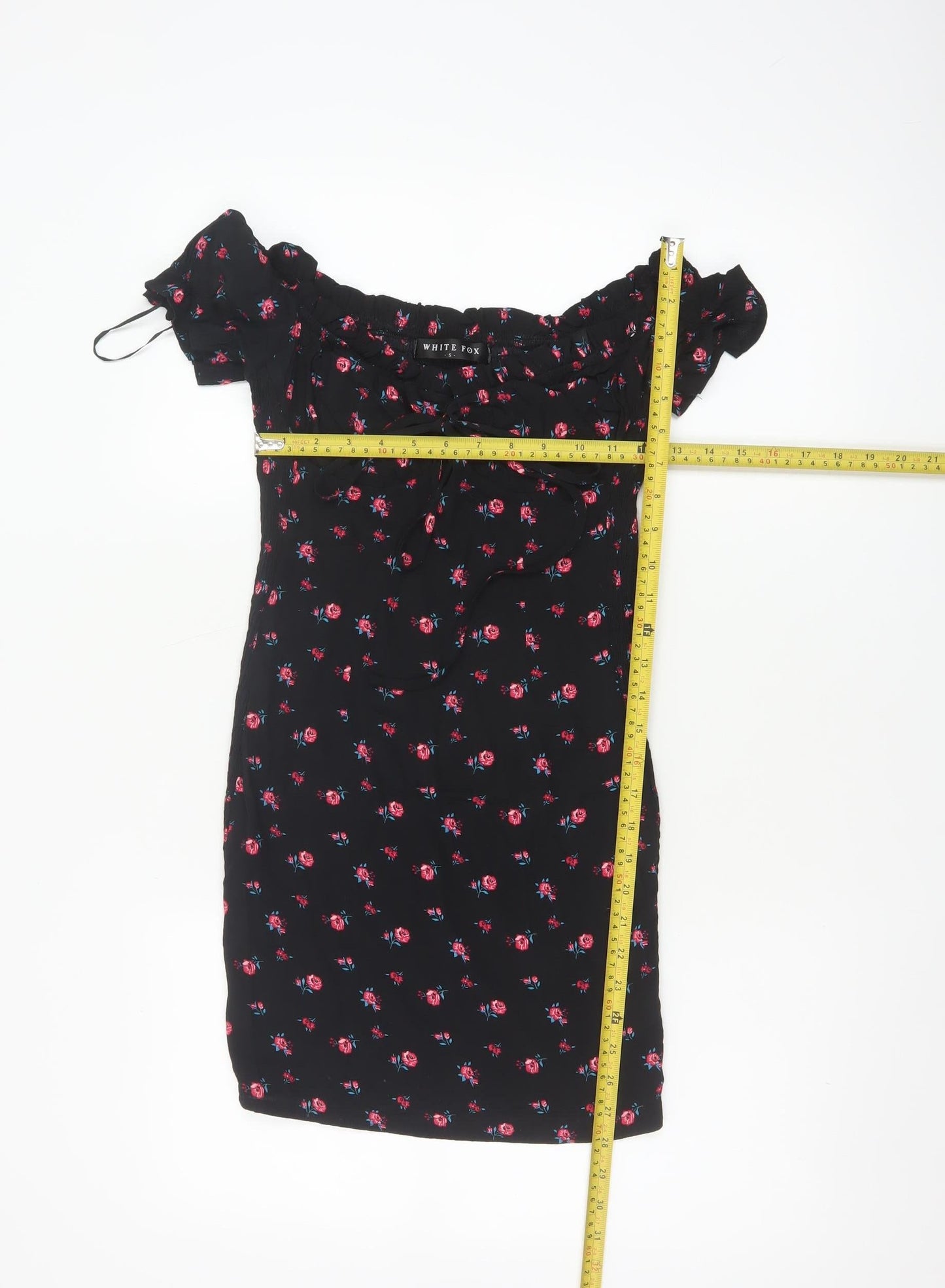 White Fox Women's Black Floral Off Shoulder Bodycon Dress S