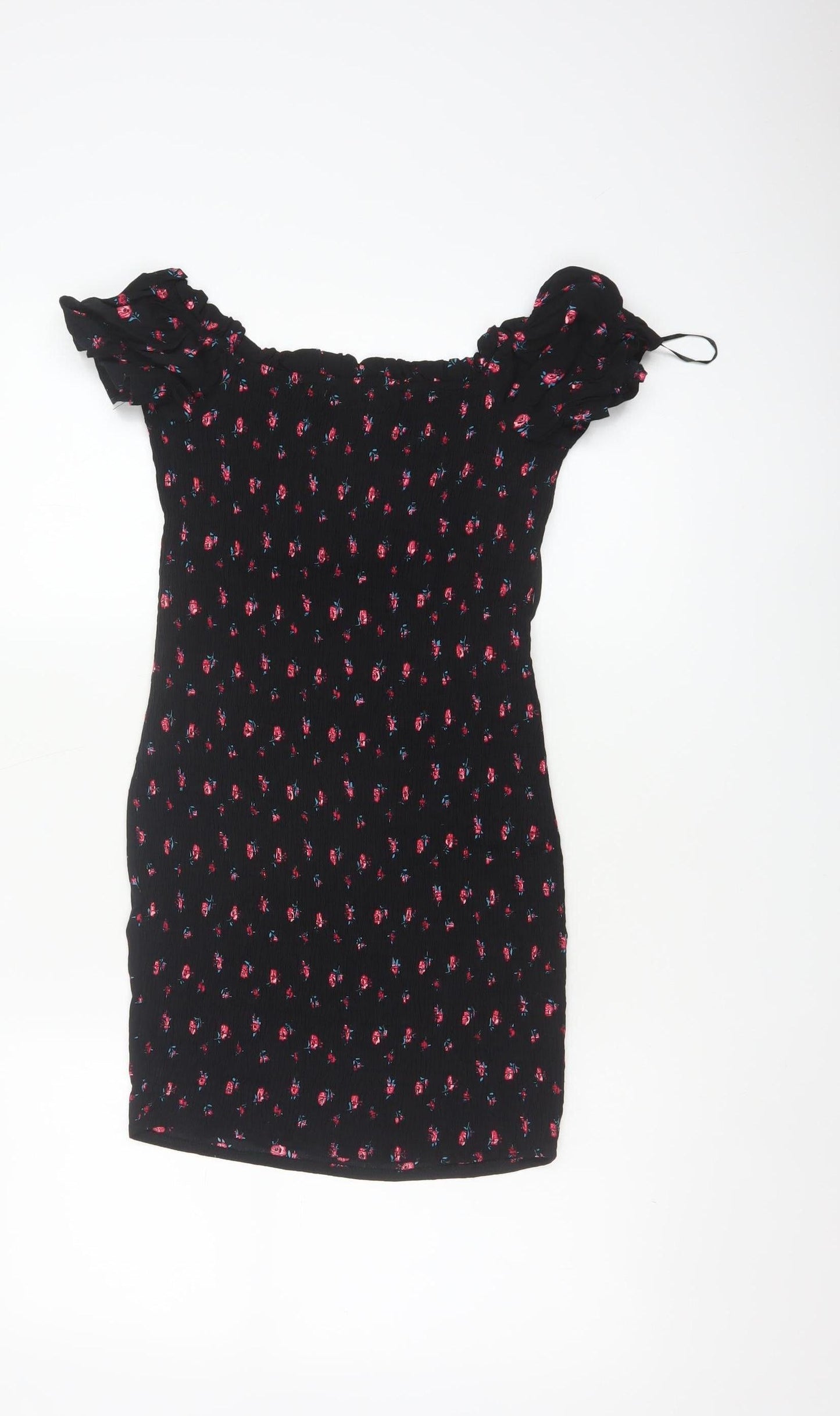 White Fox Women's Black Floral Off Shoulder Bodycon Dress S