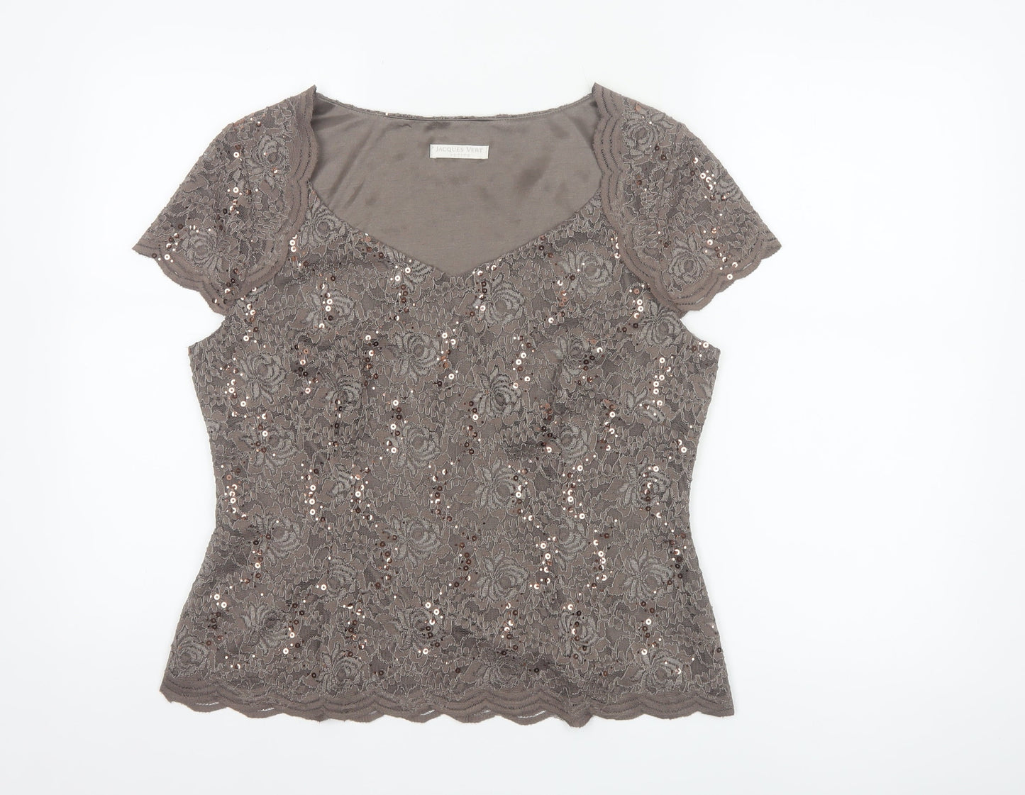 Jacques Vert Petite Women’s Brown Sequin Lace Short Sleeve Top UK 14