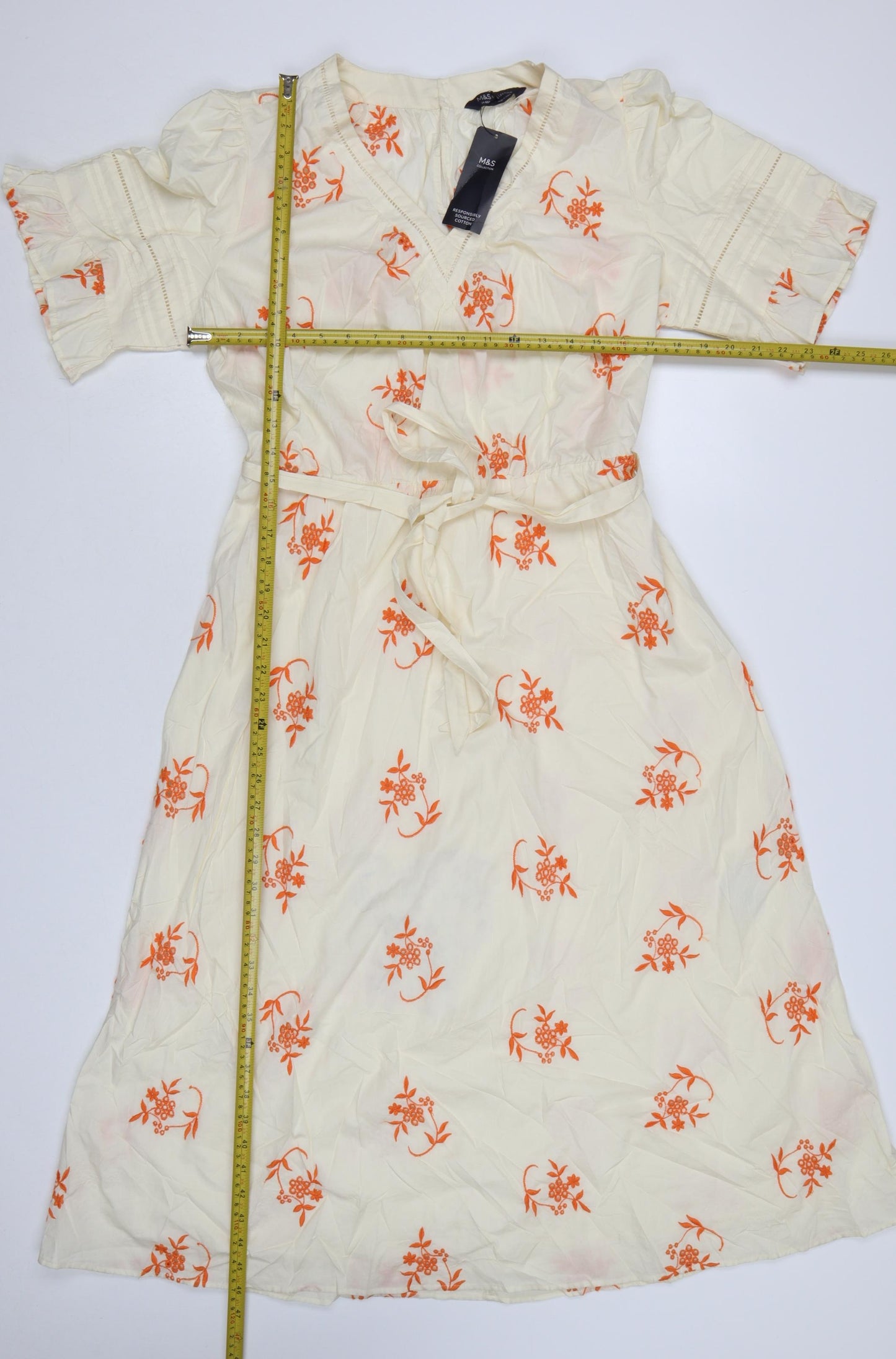 Marks and Spencer Women Cream Floral Embroidered Cotton Midi Wrap Dress Size 14
