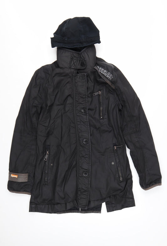 Superdry Women Black Long Trench Coat L Hooded Zip Jacket