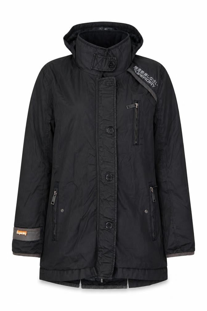 Superdry Women Black Long Trench Coat L Hooded Zip Jacket