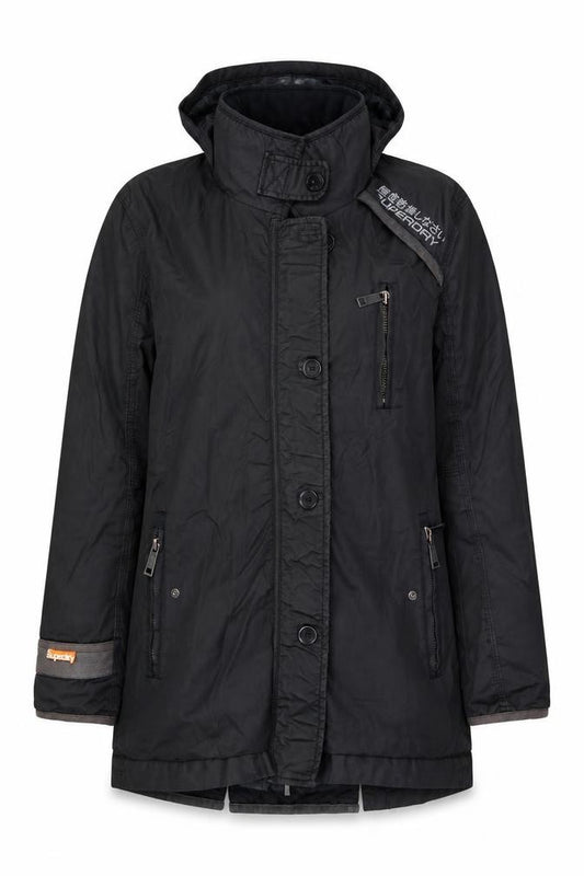 Superdry Women Black Long Trench Coat L Hooded Zip Jacket