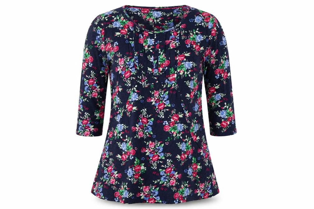 Country Rose Women's Multicoloured Floral Cotton 3/4 Sleeve Tunic Blouse M