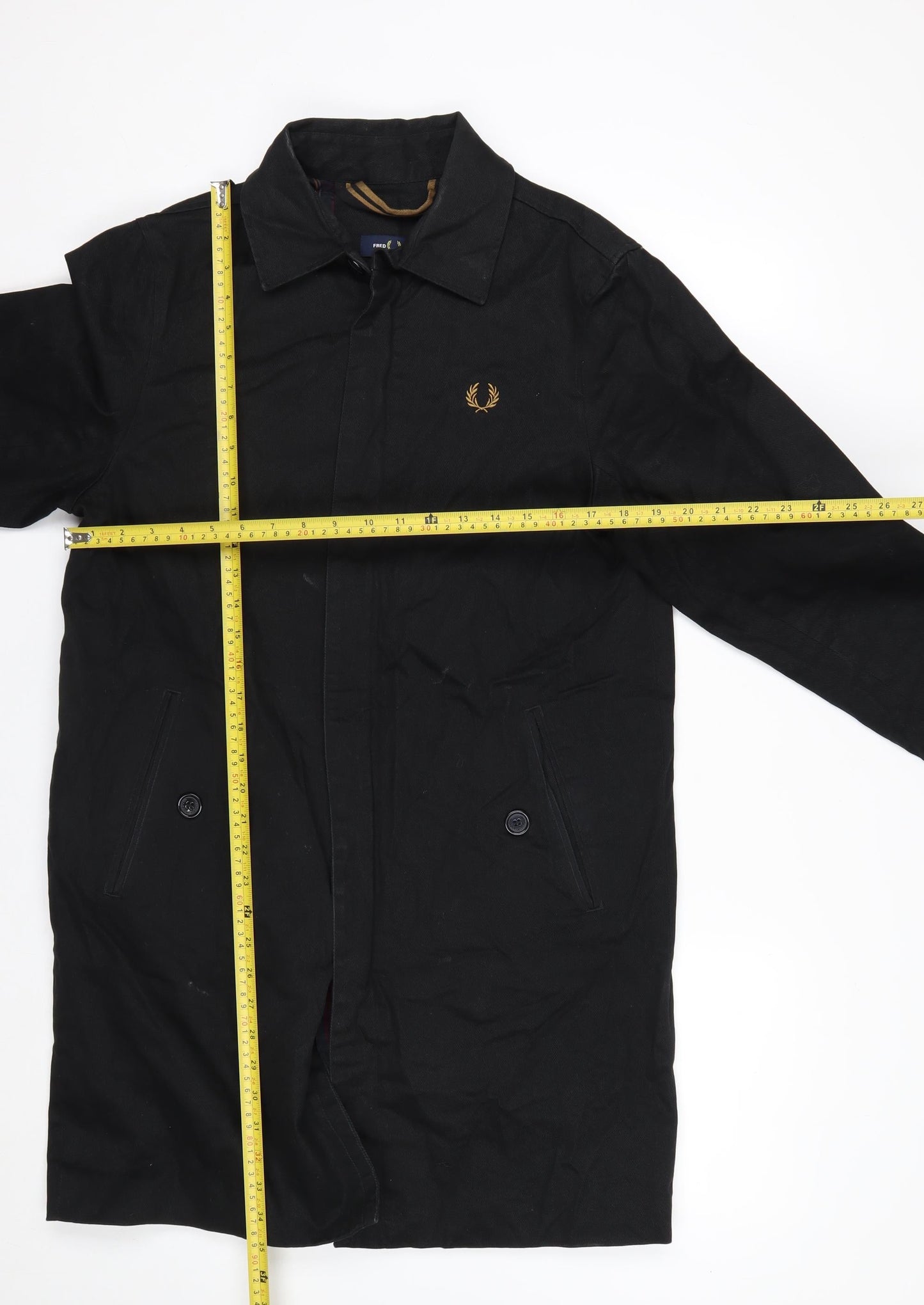 Fred Perry Men's Black Cotton Overcoat Jacket Size S Classic