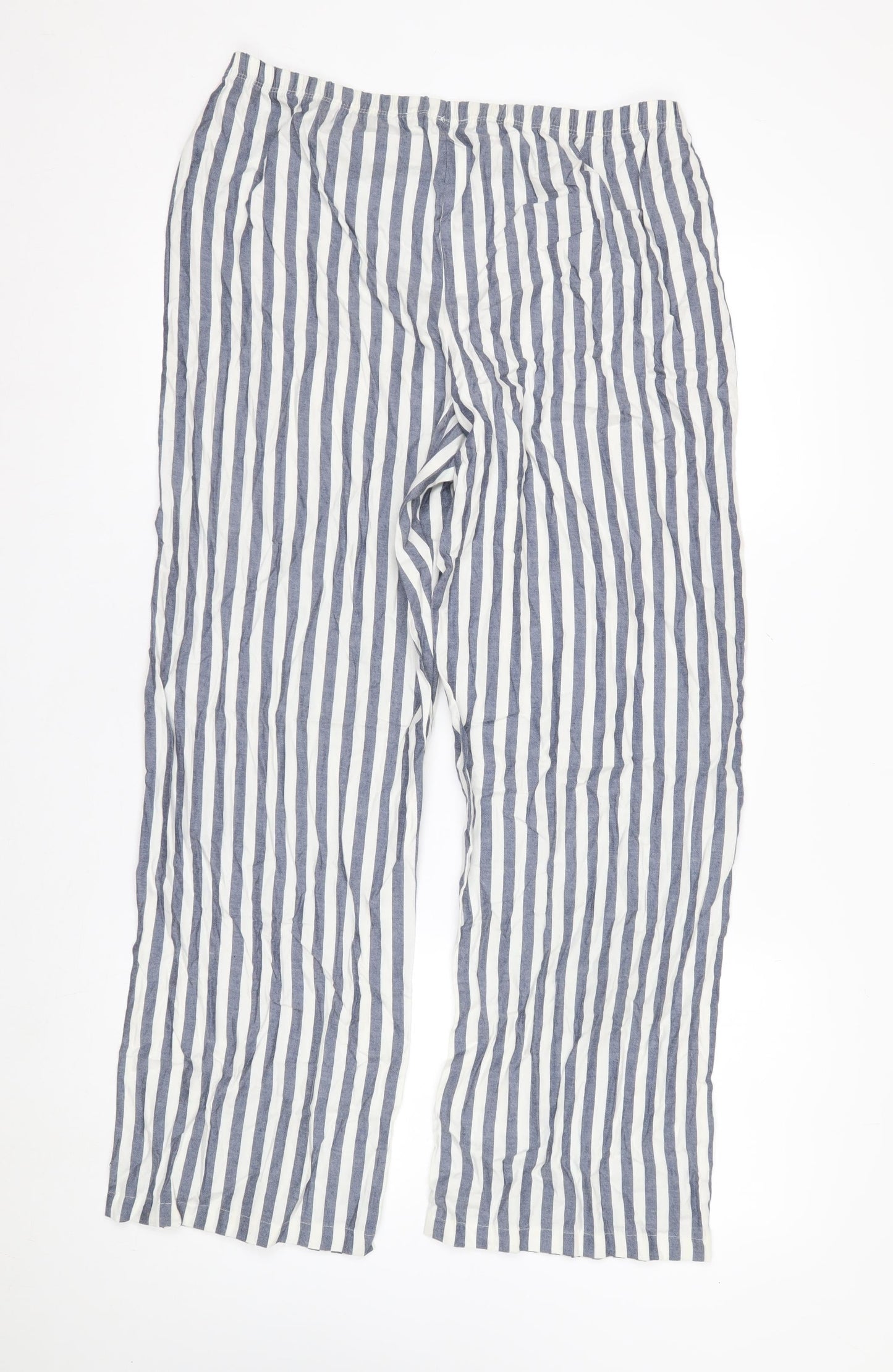 Marks and Spencer Women Blue White Striped Cotton Wide-Leg Trousers M