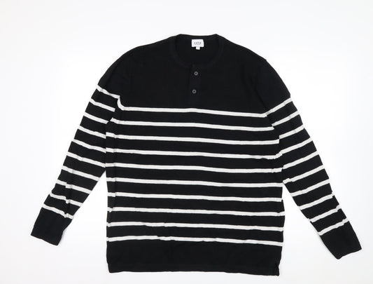 Celio Men's Black Striped L Henley Jumper Cotton Knit