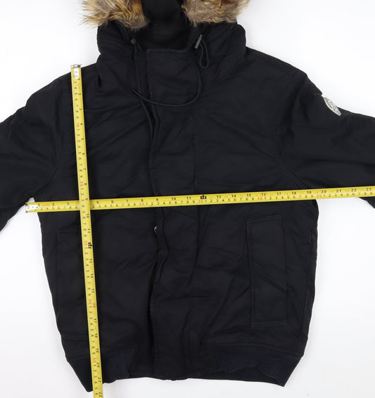 Next Men's Black XS Puffer Jacket with Faux Fur Hood Winter Coat