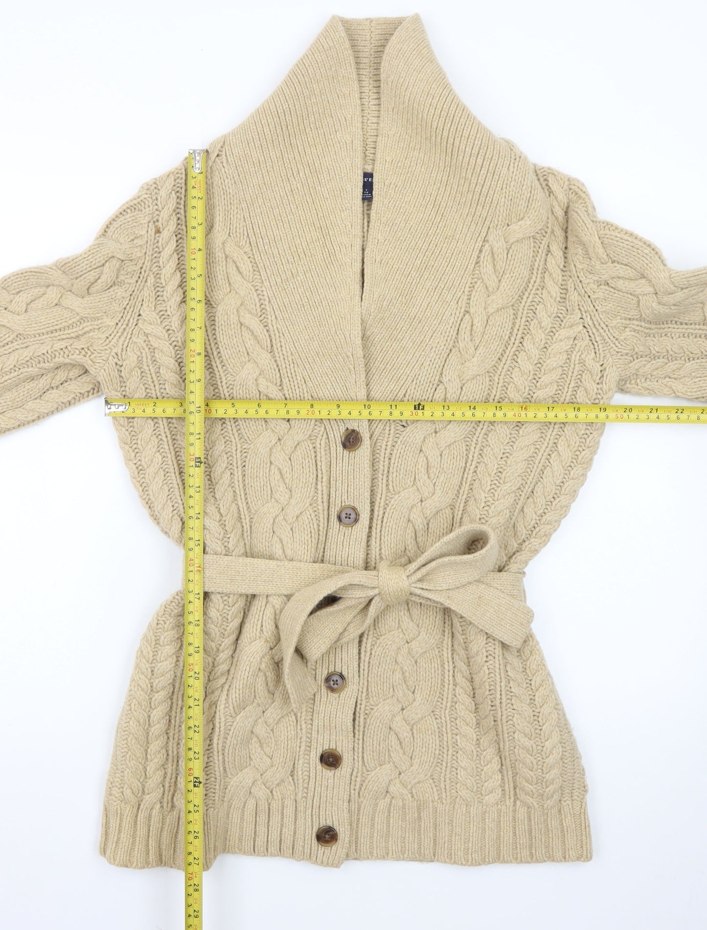 Lands' End Women's Beige Wool Cable Knit Belted Cardigan Size S