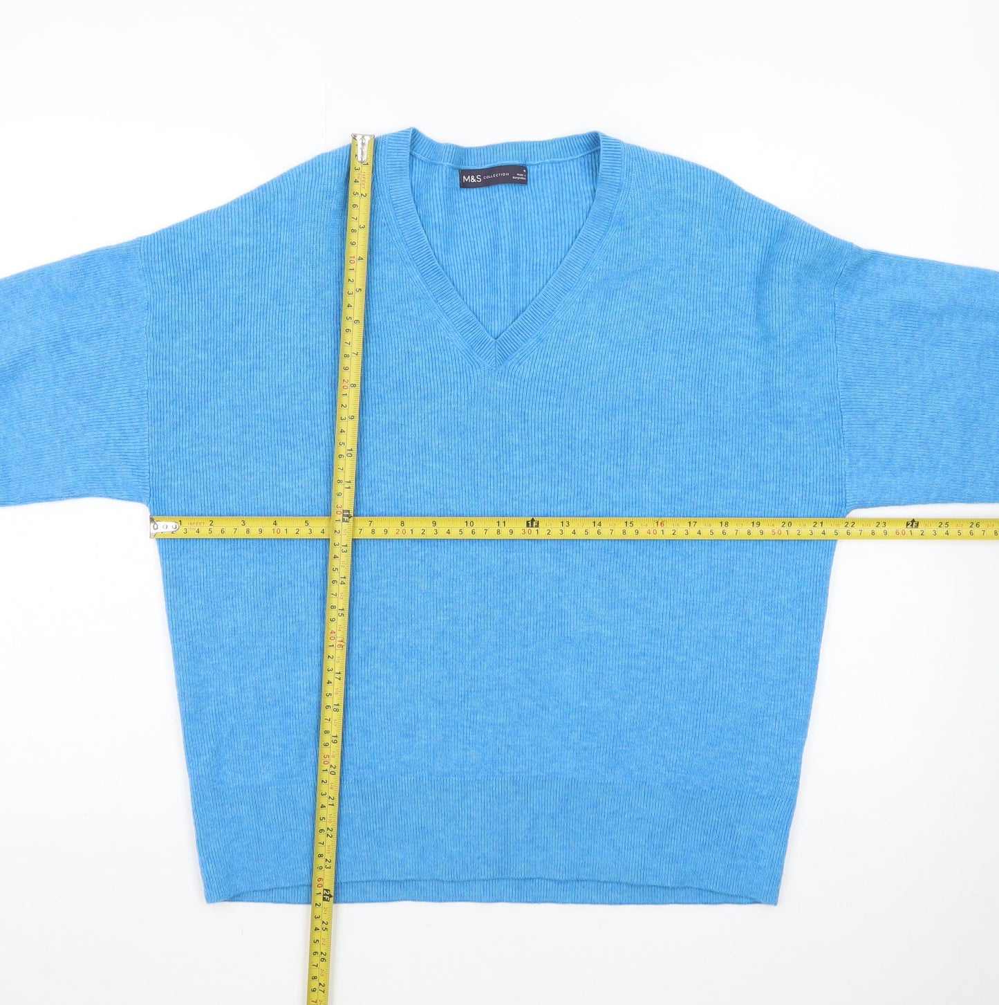 Marks and Spencer Women Blue V-Neck Cashmere Jumper Medium