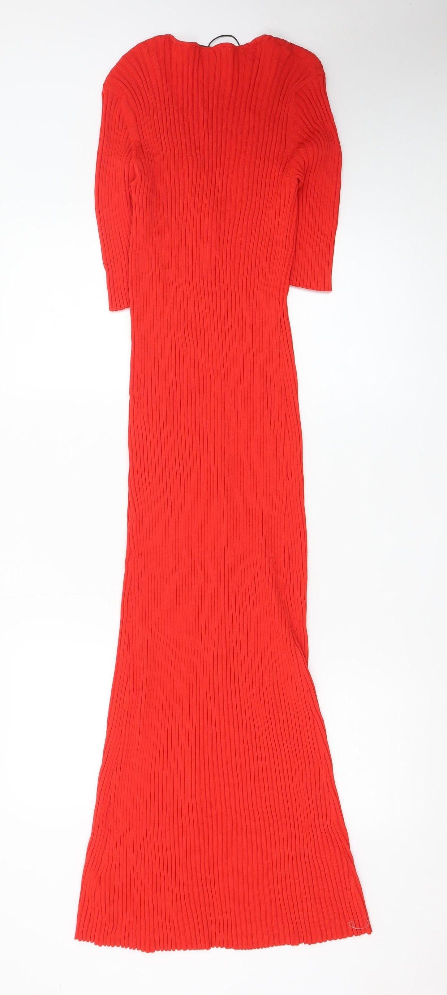 Zara Women Red Bodycon Long Ribbed Button Dress Size 12