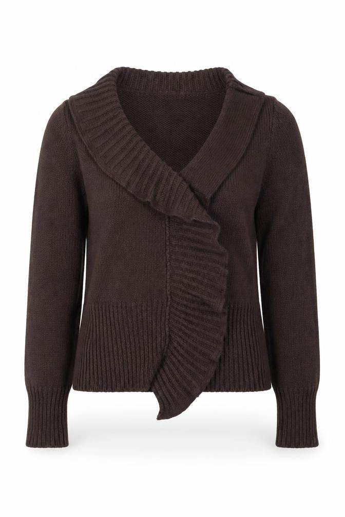 Marks and Spencer Women Brown Ruffle V-Neck Knit Cardigan Size M