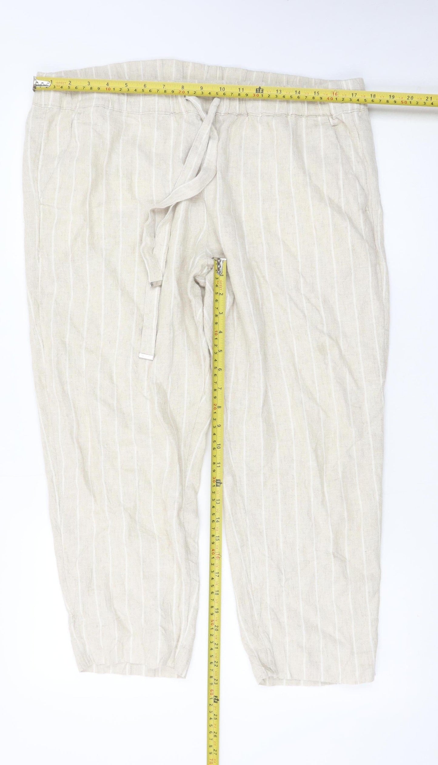 Marks and Spencer Women Beige Striped Linen-Blend Cropped Trousers Size 16