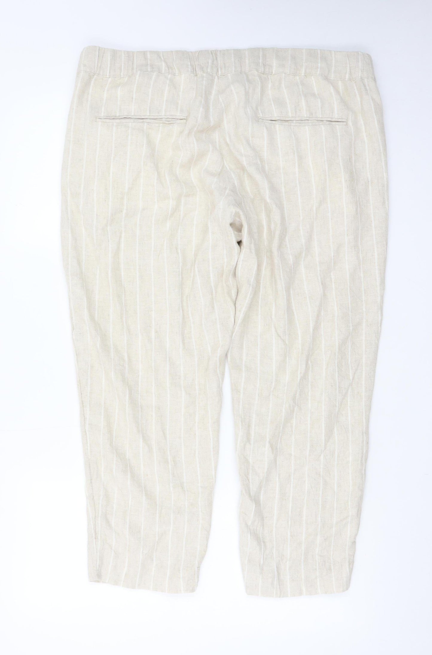 Marks and Spencer Women Beige Striped Linen-Blend Cropped Trousers Size 16