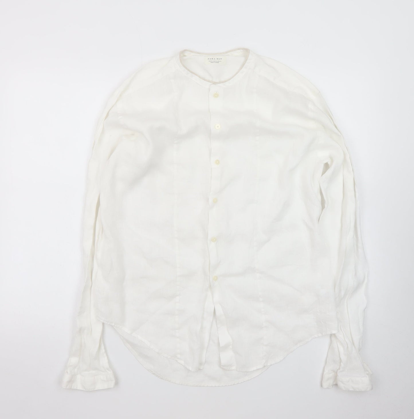 Zara Man White Linen Long Sleeve Band Collar Shirt XL
