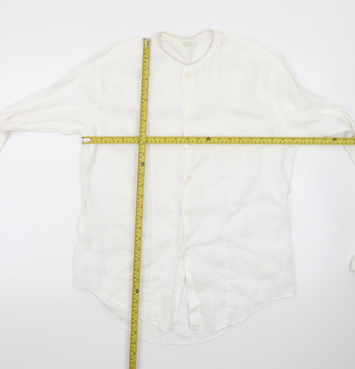 Zara Man White Linen Long Sleeve Band Collar Shirt XL