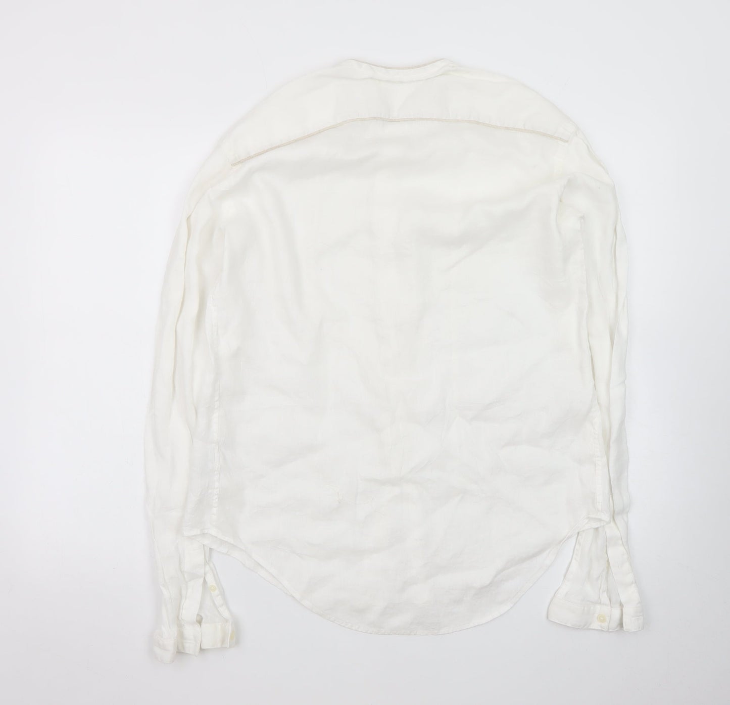 Zara Man White Linen Long Sleeve Band Collar Shirt XL