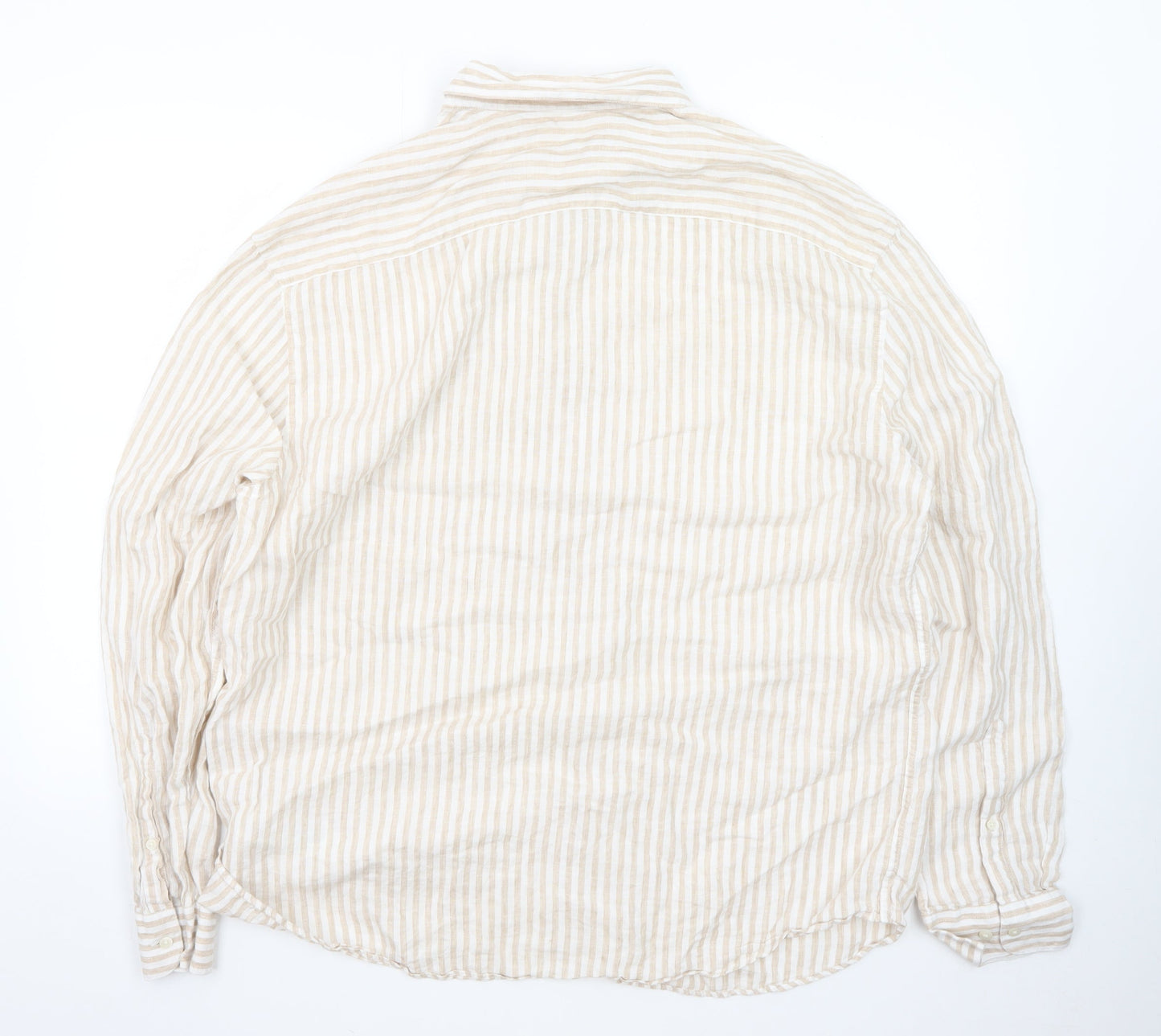 Marks and Spencer Men's Beige Striped Linen Blend Long Sleeve Shirt 2XL