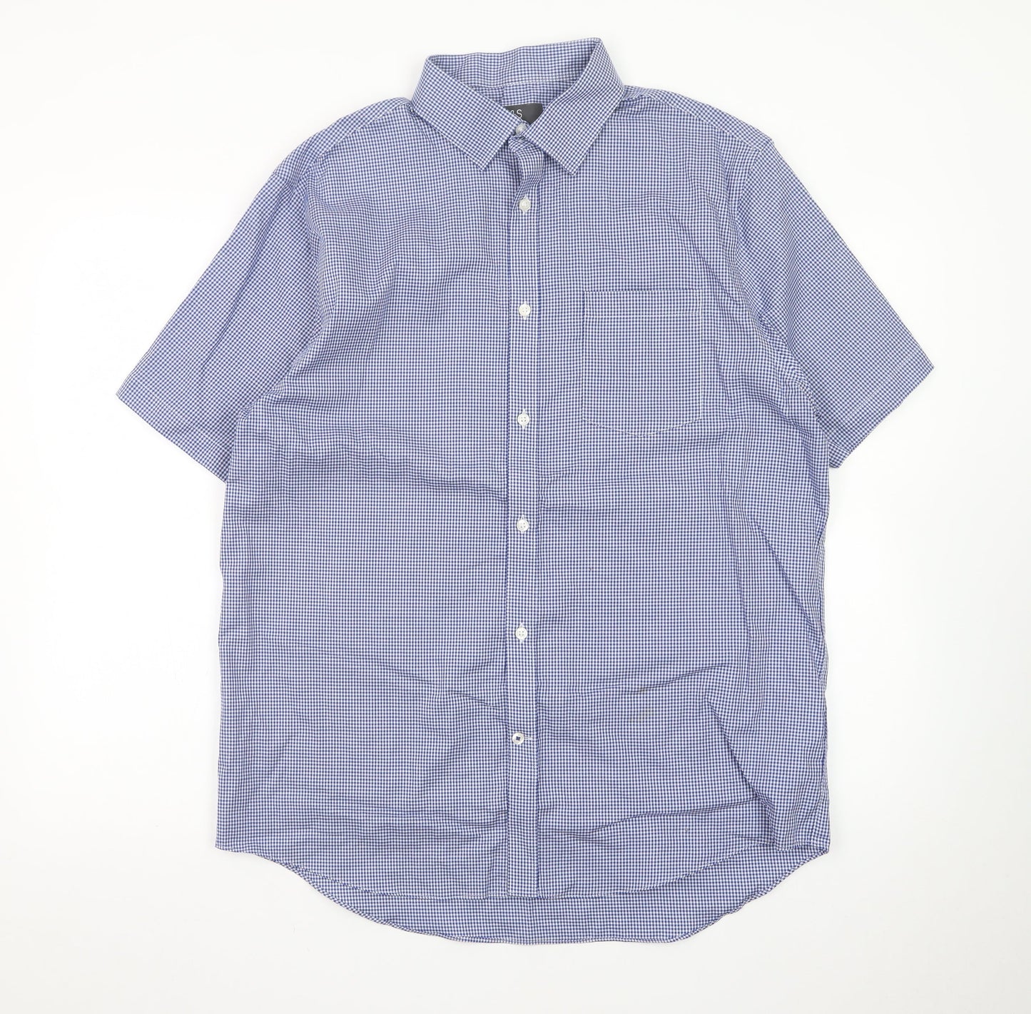 Marks and Spencer Men's Blue Check Regular Fit Short Sleeve Dress Shirt 16.5in 42