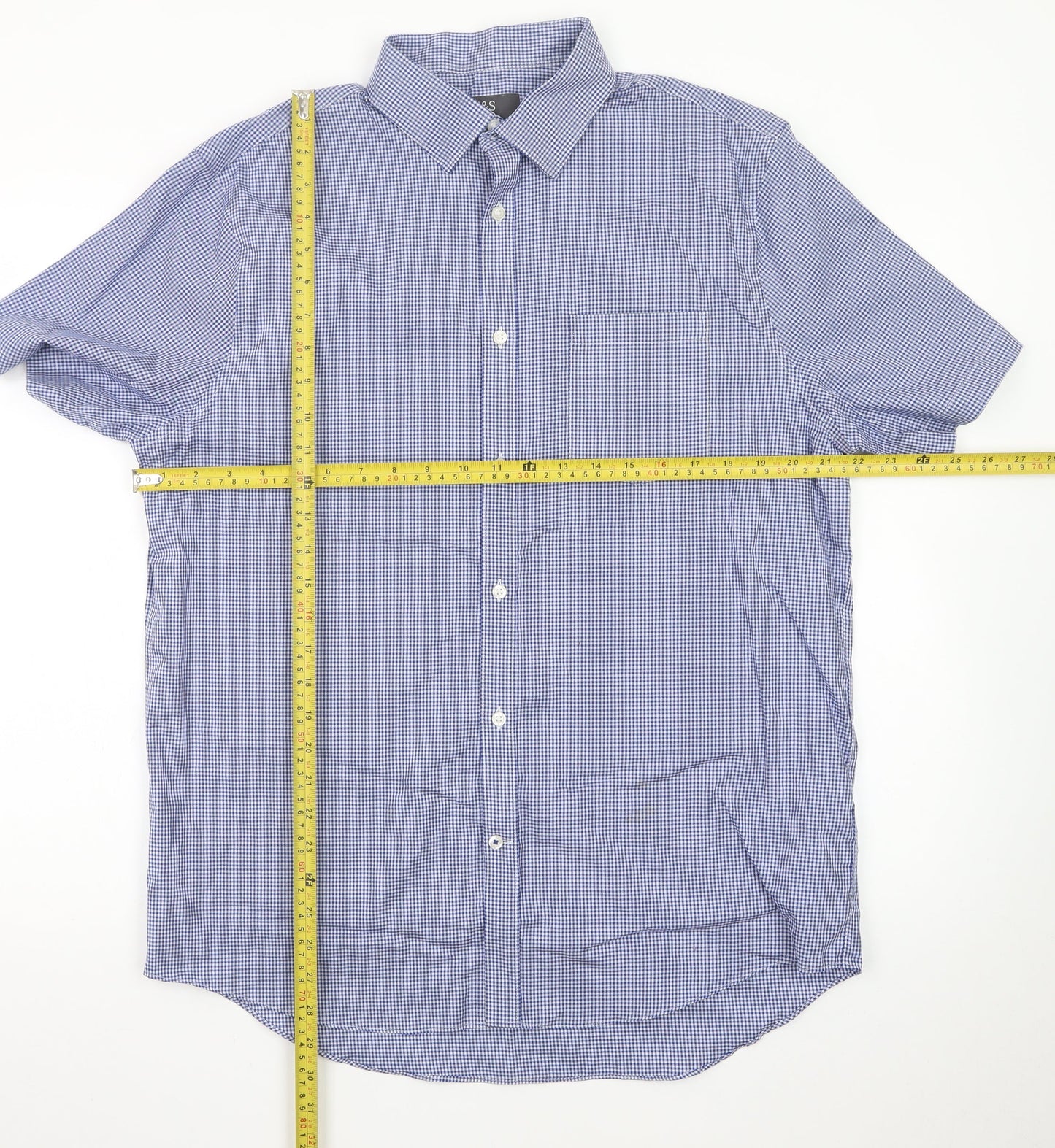 Marks and Spencer Men's Blue Check Regular Fit Short Sleeve Dress Shirt 16.5in 42