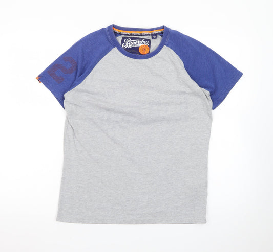 Superdry Men's Grey Blue Raglan Crew Neck Cotton T-Shirt Size M