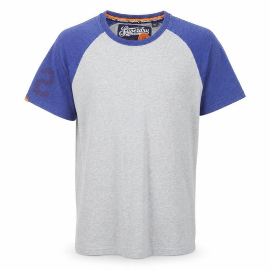 Superdry Men's Grey Blue Raglan Crew Neck Cotton T-Shirt Size M