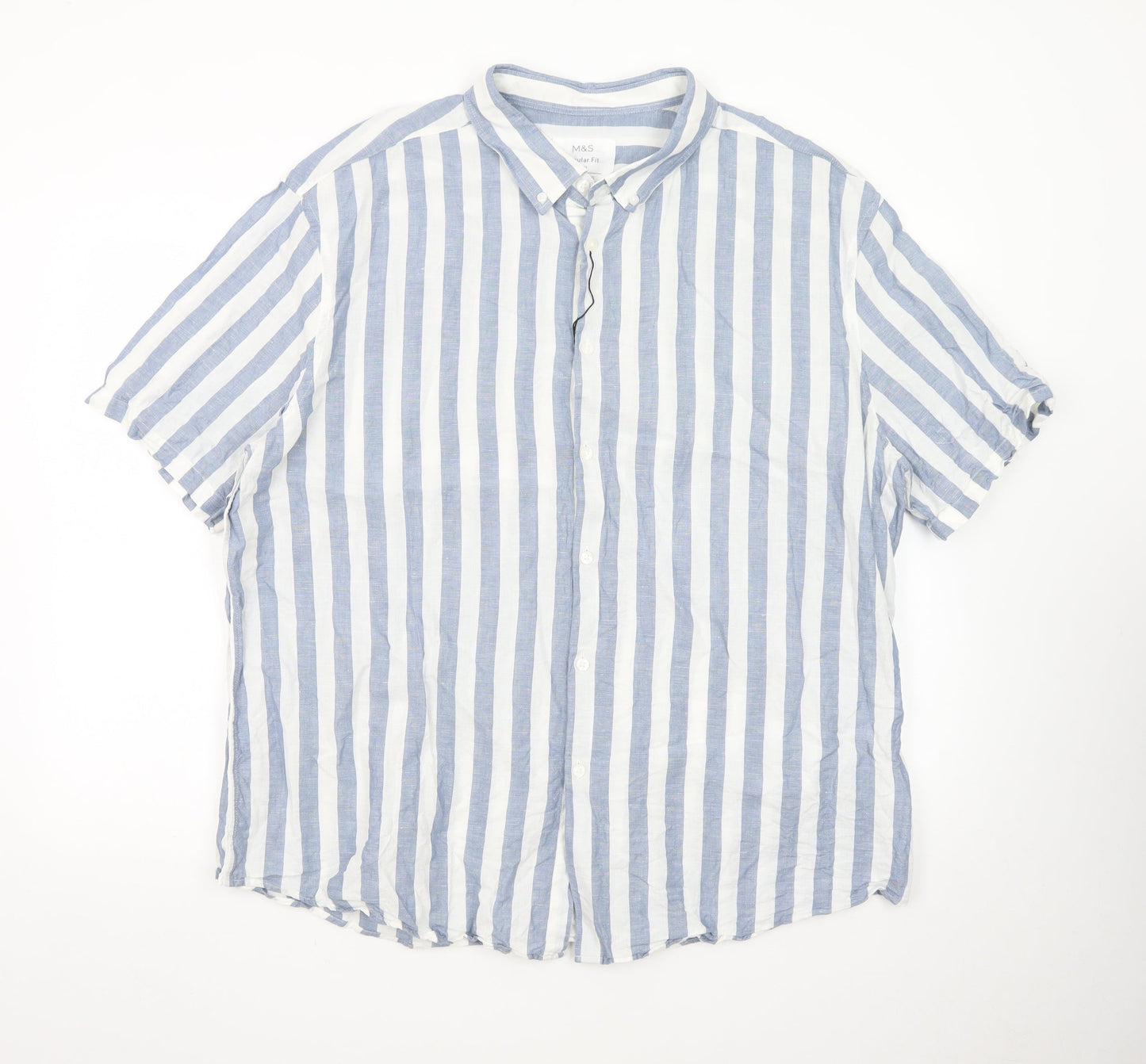 Marks and Spencer Men's Blue Striped Linen Blend Regular Fit 3XL Short Sleeve Shirt