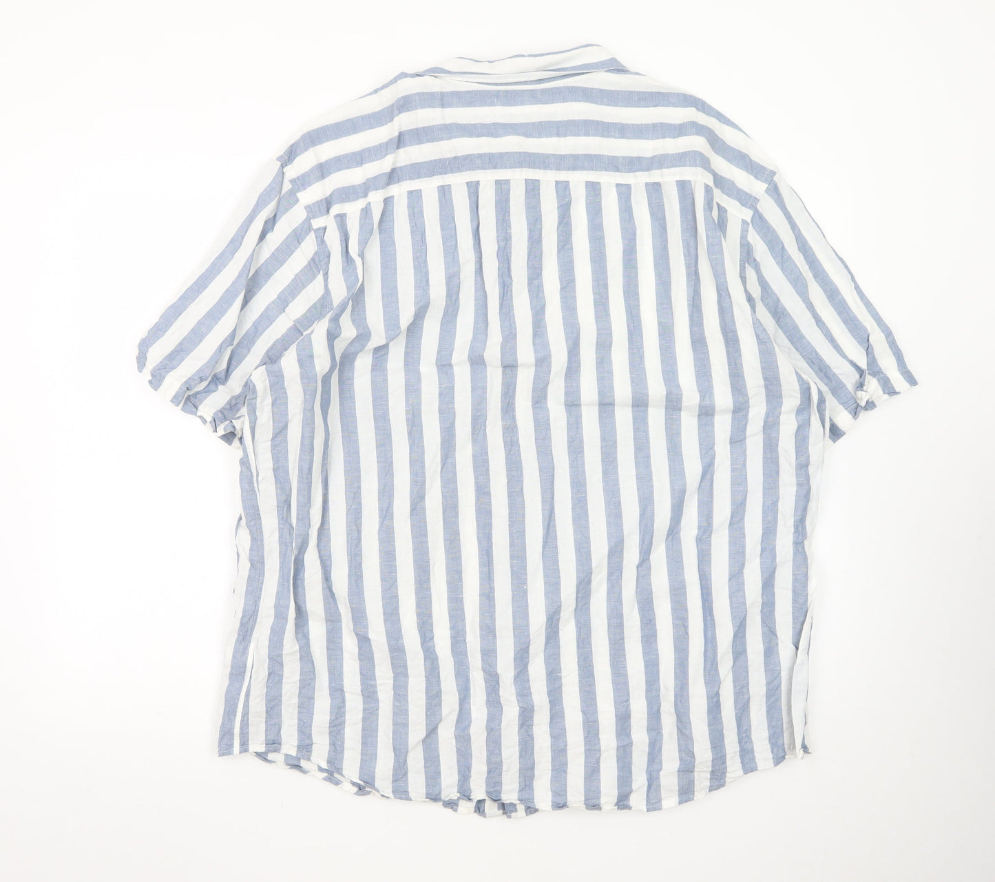 Marks and Spencer Men's Blue Striped Linen Blend Regular Fit 3XL Short Sleeve Shirt