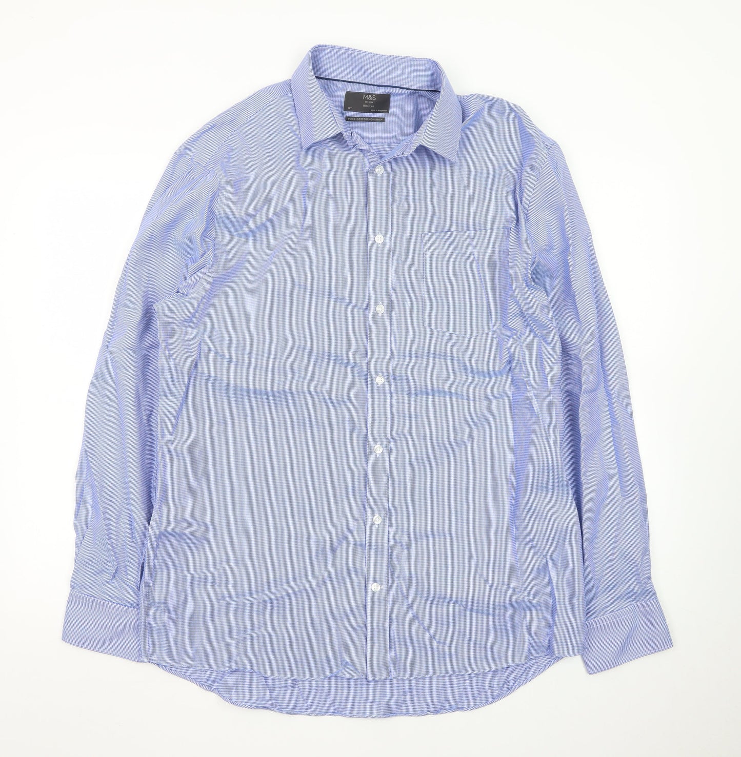 Marks and Spencer Men’s Blue Check 16 Regular Fit Cotton Dress Shirt