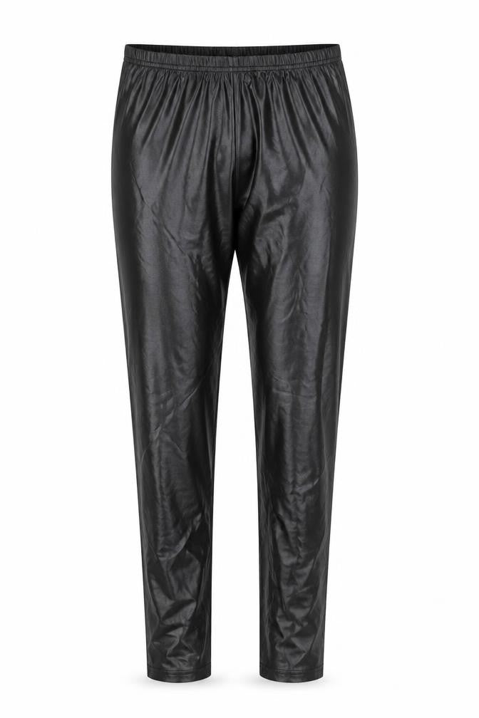 Front view of Ged London Women’s Black Faux Leather Leggings, size M, Elastic Waist Slim Fit