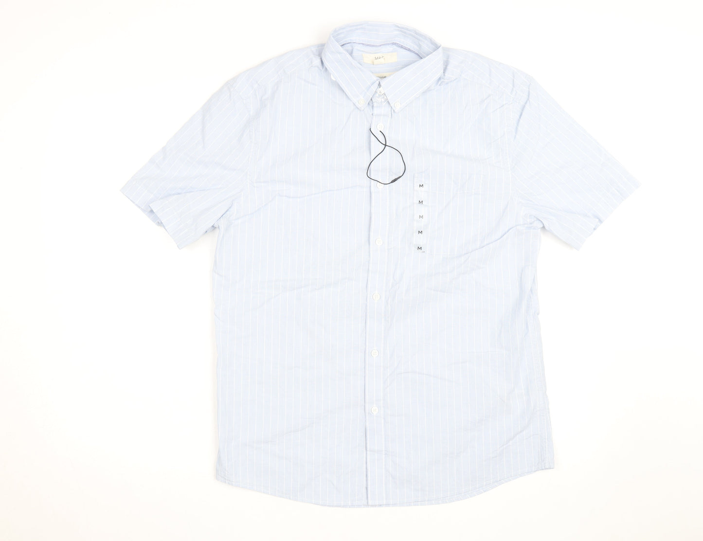 Marks and Spencer Men's Blue Striped Short Sleeve Regular Fit Shirt Size M