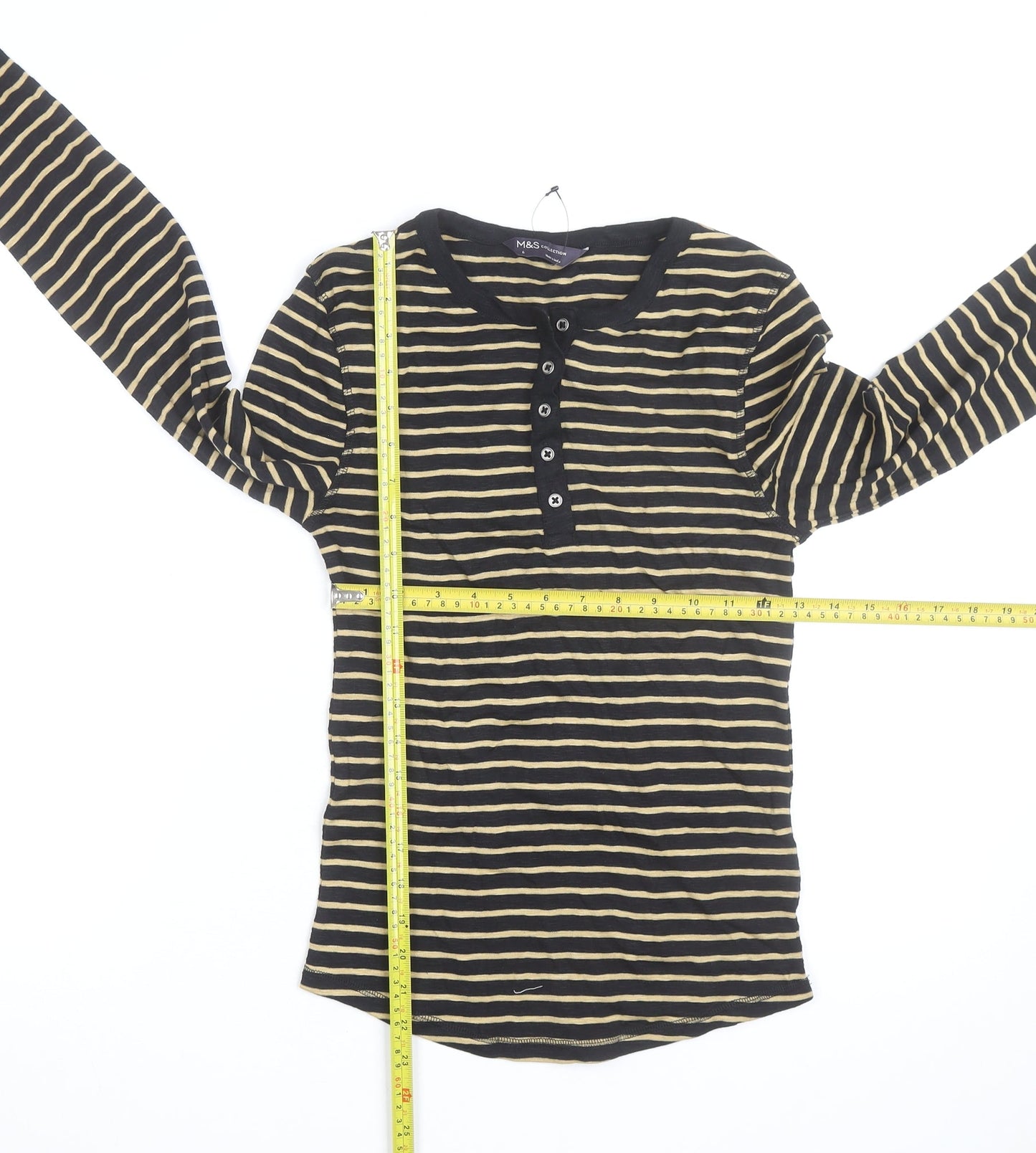 Marks and Spencer Womens Black Striped Long Sleeve Henley T-Shirt Size 8