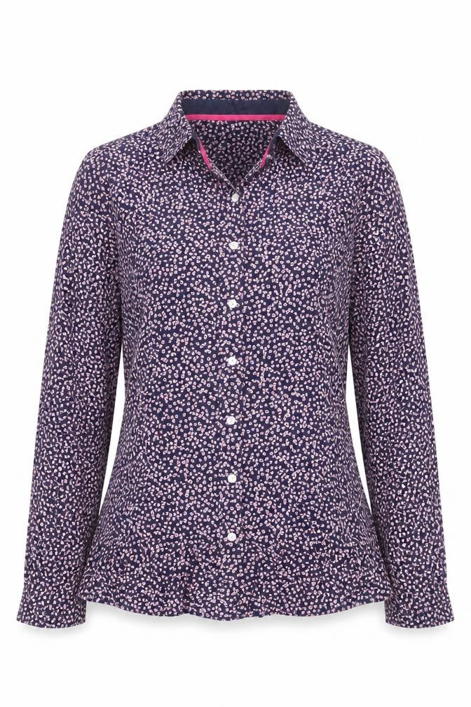 Front view of Crew Clothing Women’s Blue Floral Button-Up Cotton Shirt, size UK 10
