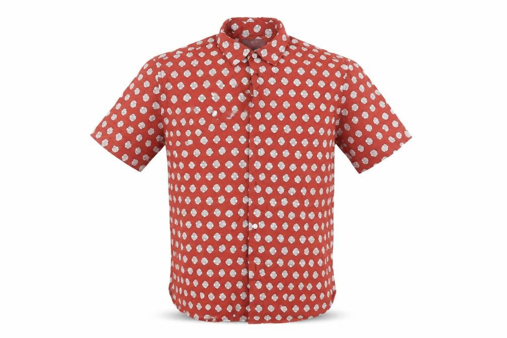 Marks and Spencer Men's Red Shell Print Pure Cotton Short Sleeve Shirt Size L