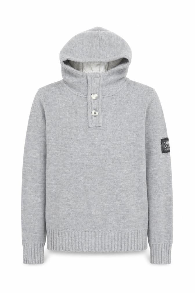 Superdry Men’s Grey Henley Hoodie Size L Knit Cotton Blend