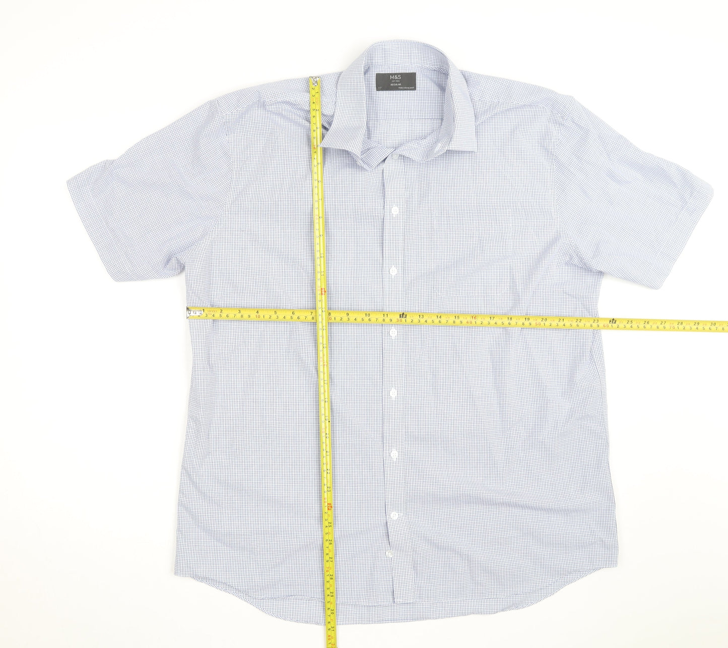Marks and Spencer Men's Blue Check Short Sleeve Button-Up Shirt Size 17