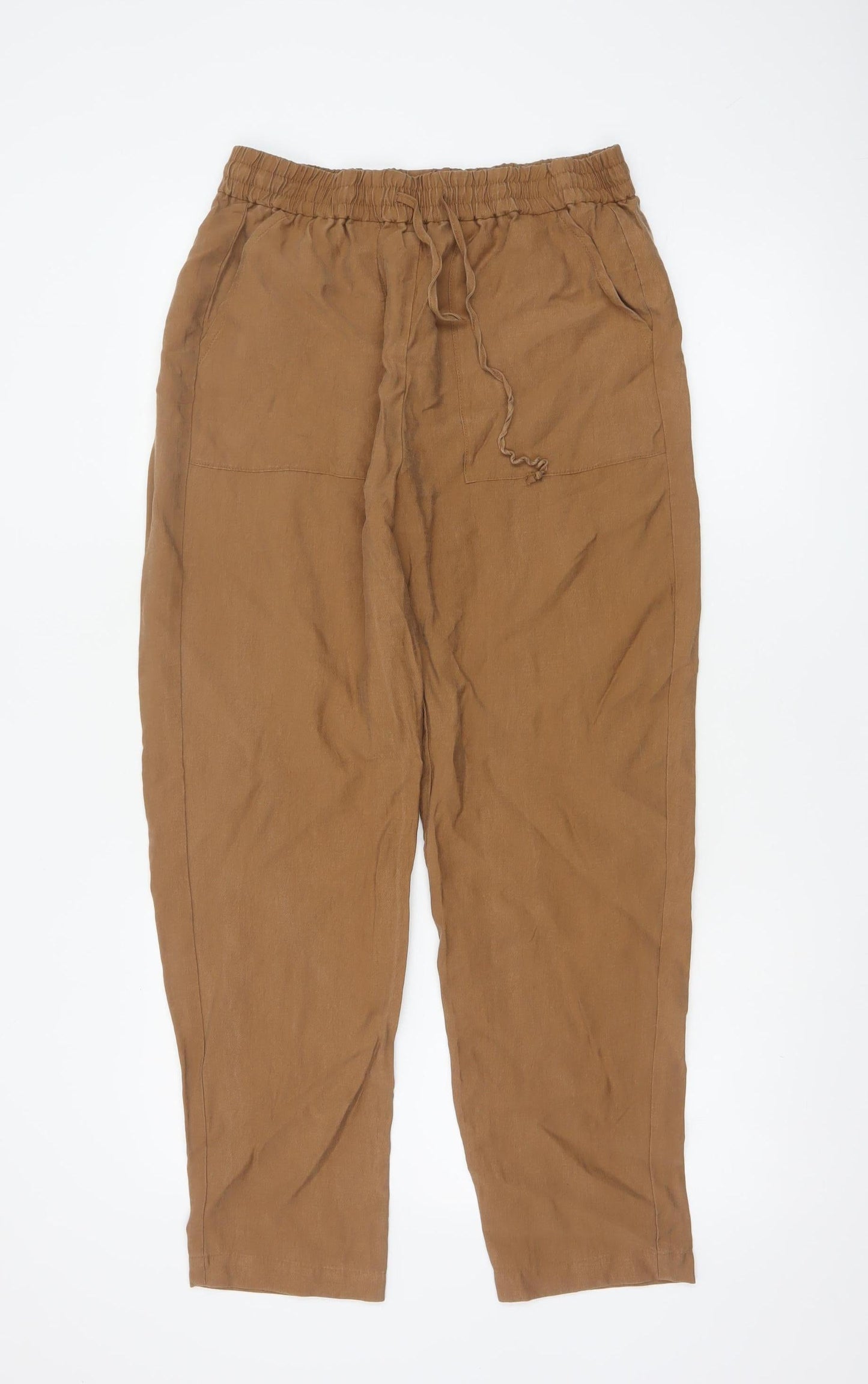 Marks and Spencer Women Brown Linen Blend Drawstring Trousers Size 12 Regular