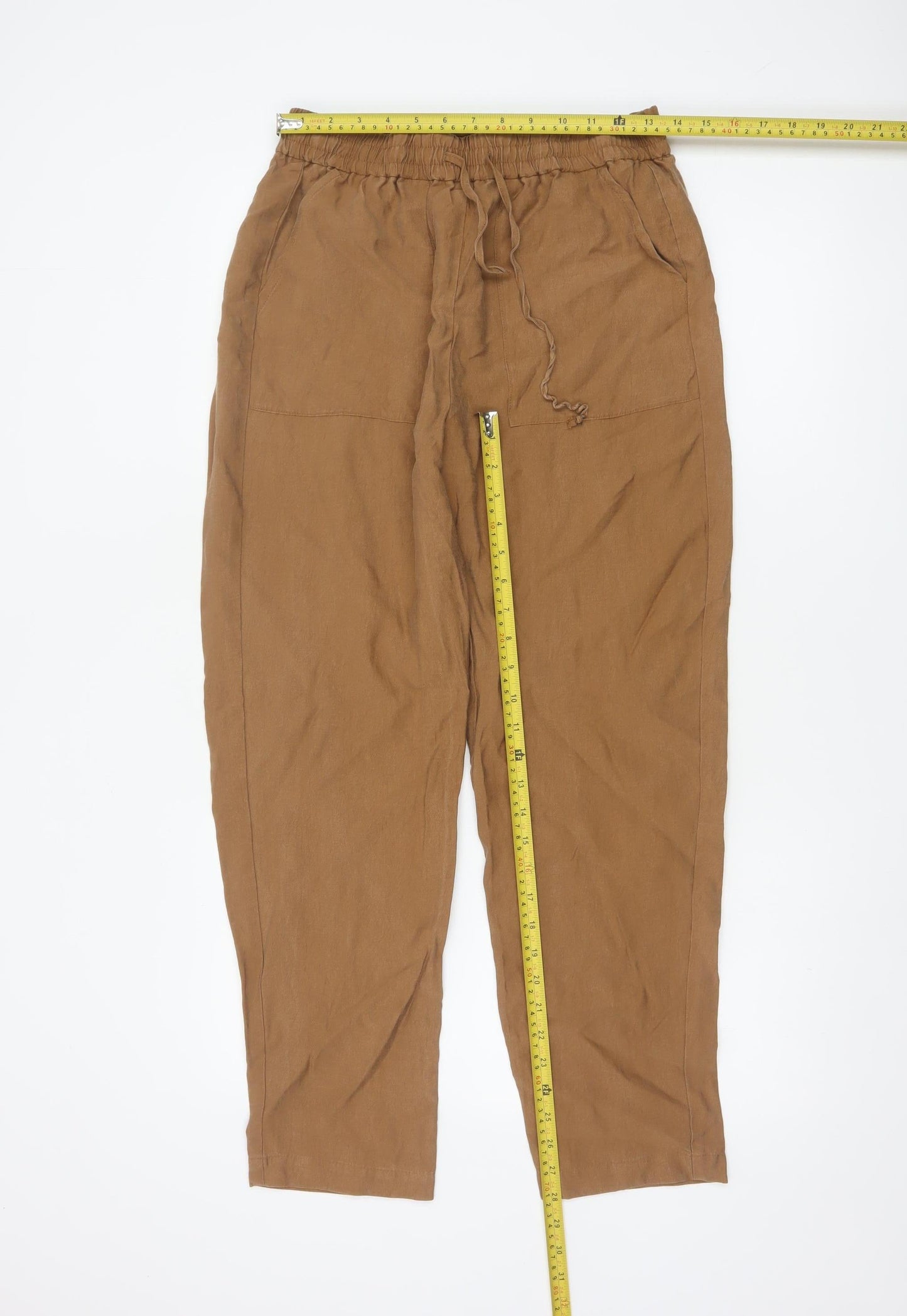 Marks and Spencer Women Brown Linen Blend Drawstring Trousers Size 12 Regular