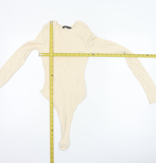 Boohoo Women Beige Long Sleeve Ribbed Bodysuit UK 6