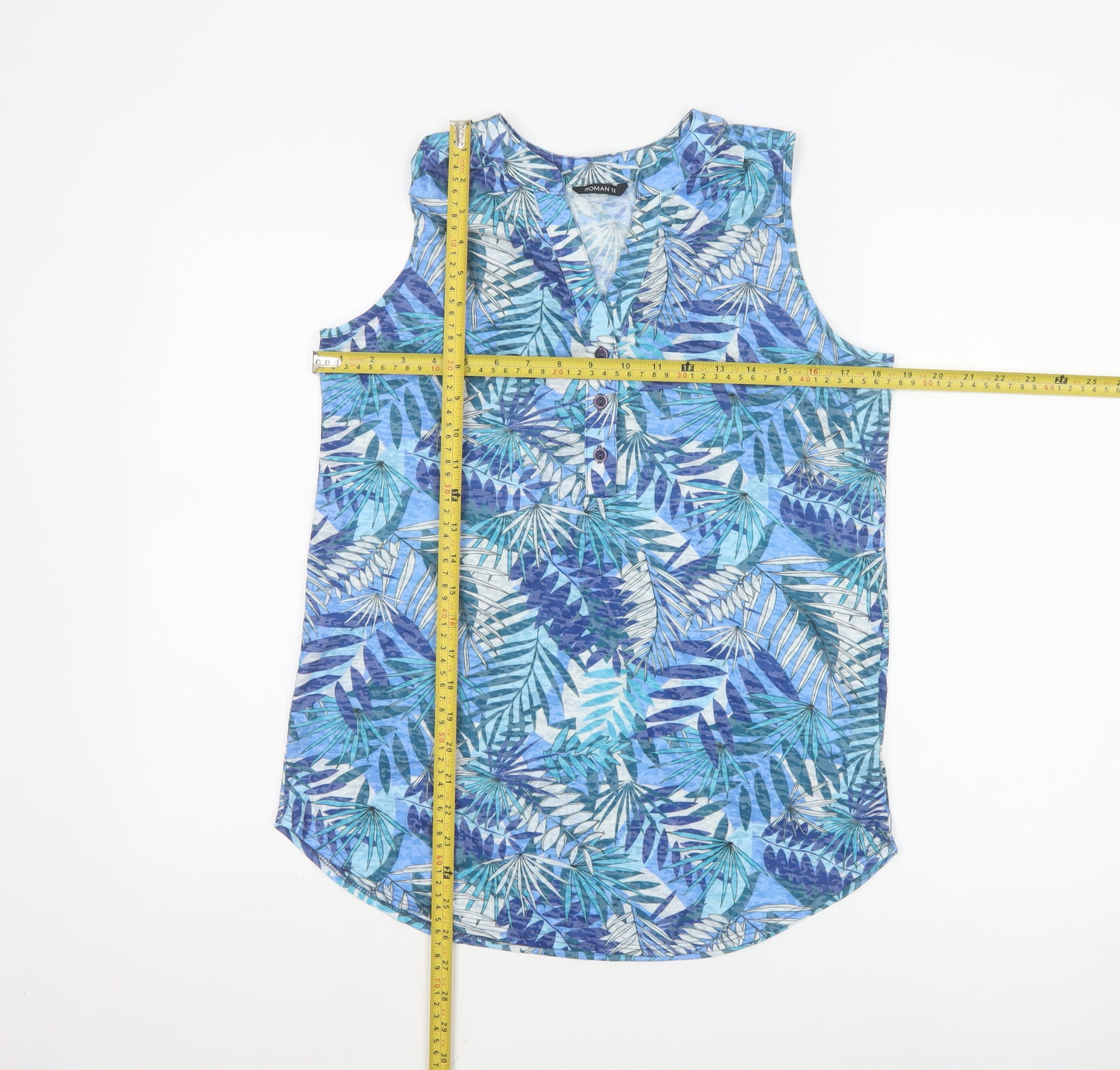 Roman Women’s Blue Tropical Sleeveless V-Neck Tunic Blouse Size 12
