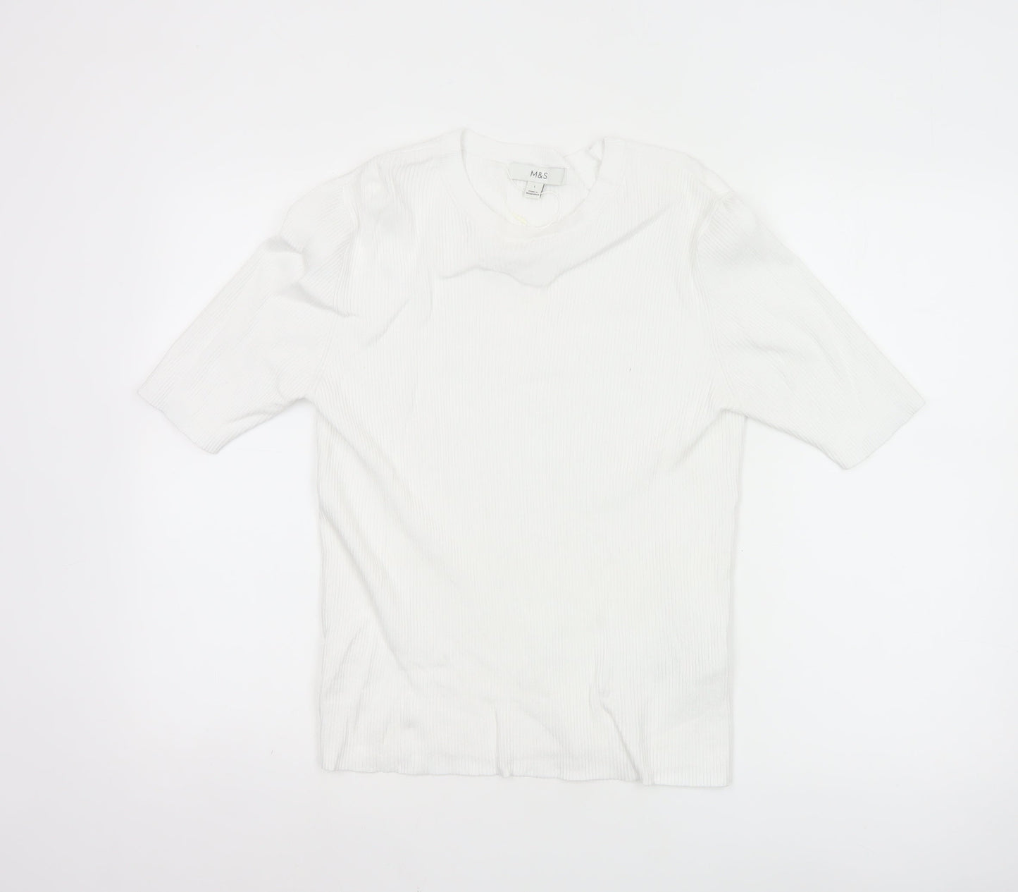 Marks and Spencer Women White L Ribbed Short Sleeve Basic Top