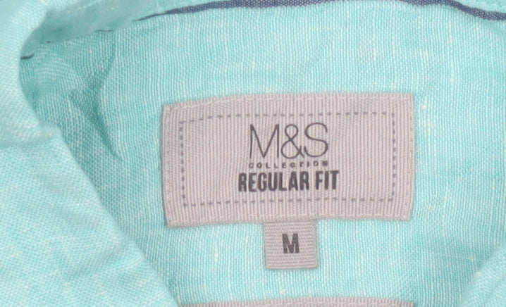 Marks and Spencer Men's Green Linen Regular Fit Long Sleeve Shirt M